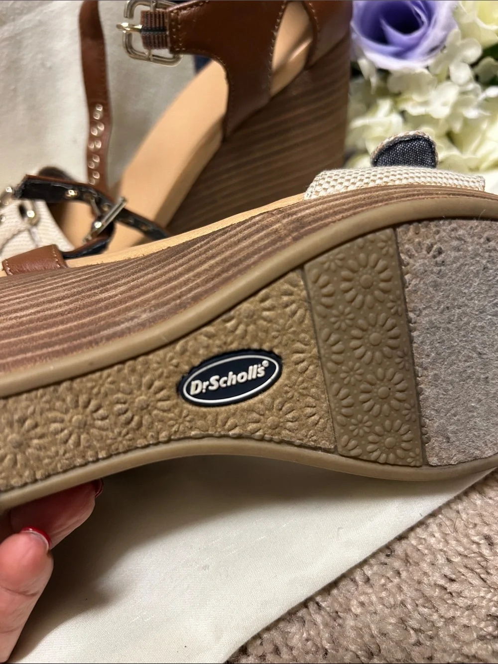 Dr. Scholl's Brown and Tan Wedge Sandals with Buckle Detail